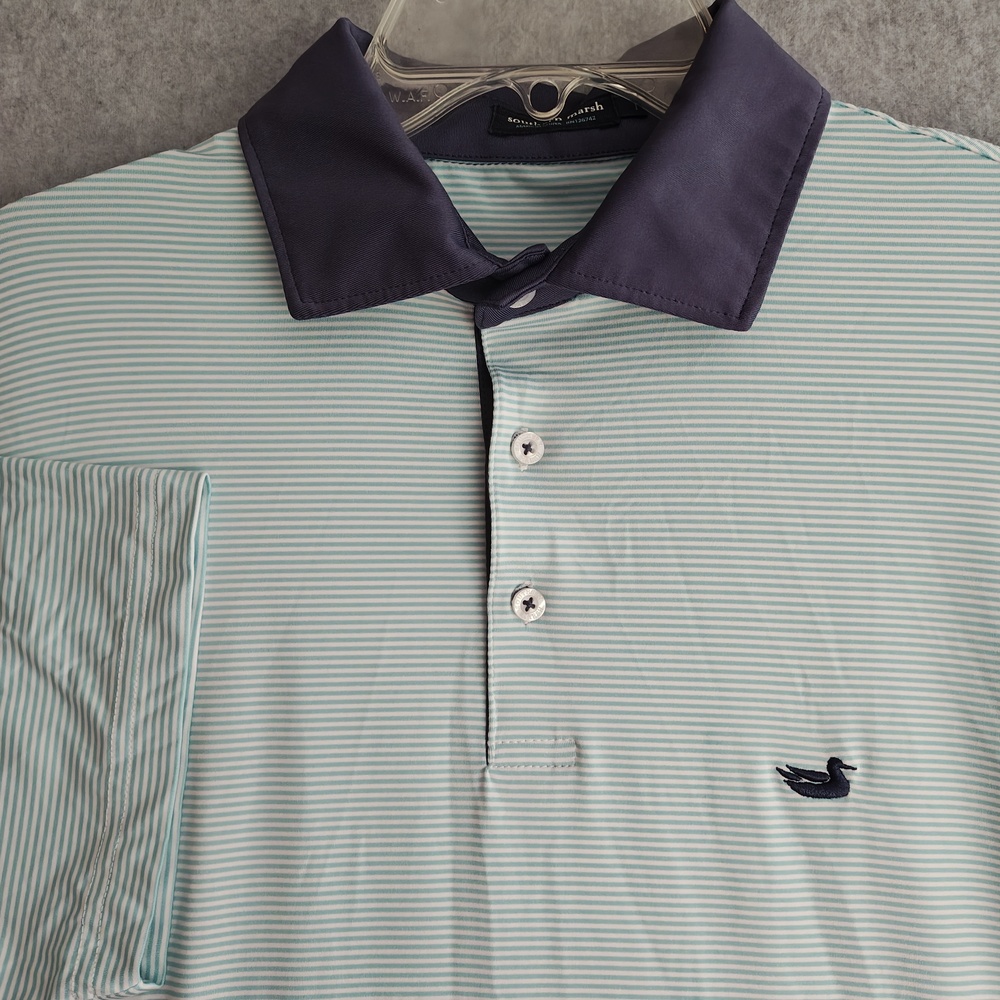 Southern Marsh Polo Shirt Mens L Green Striped Stretch Golf Performance Duck